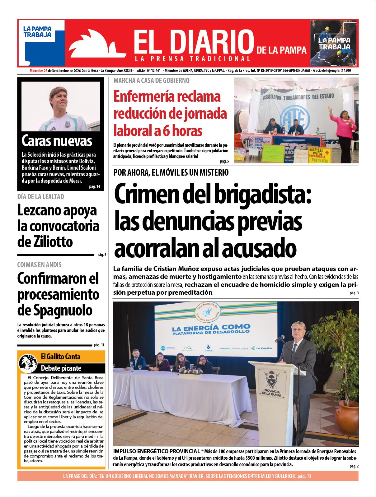 Tapa de El Diario en papel  mieacutercoles 23 de septiembre de 2026